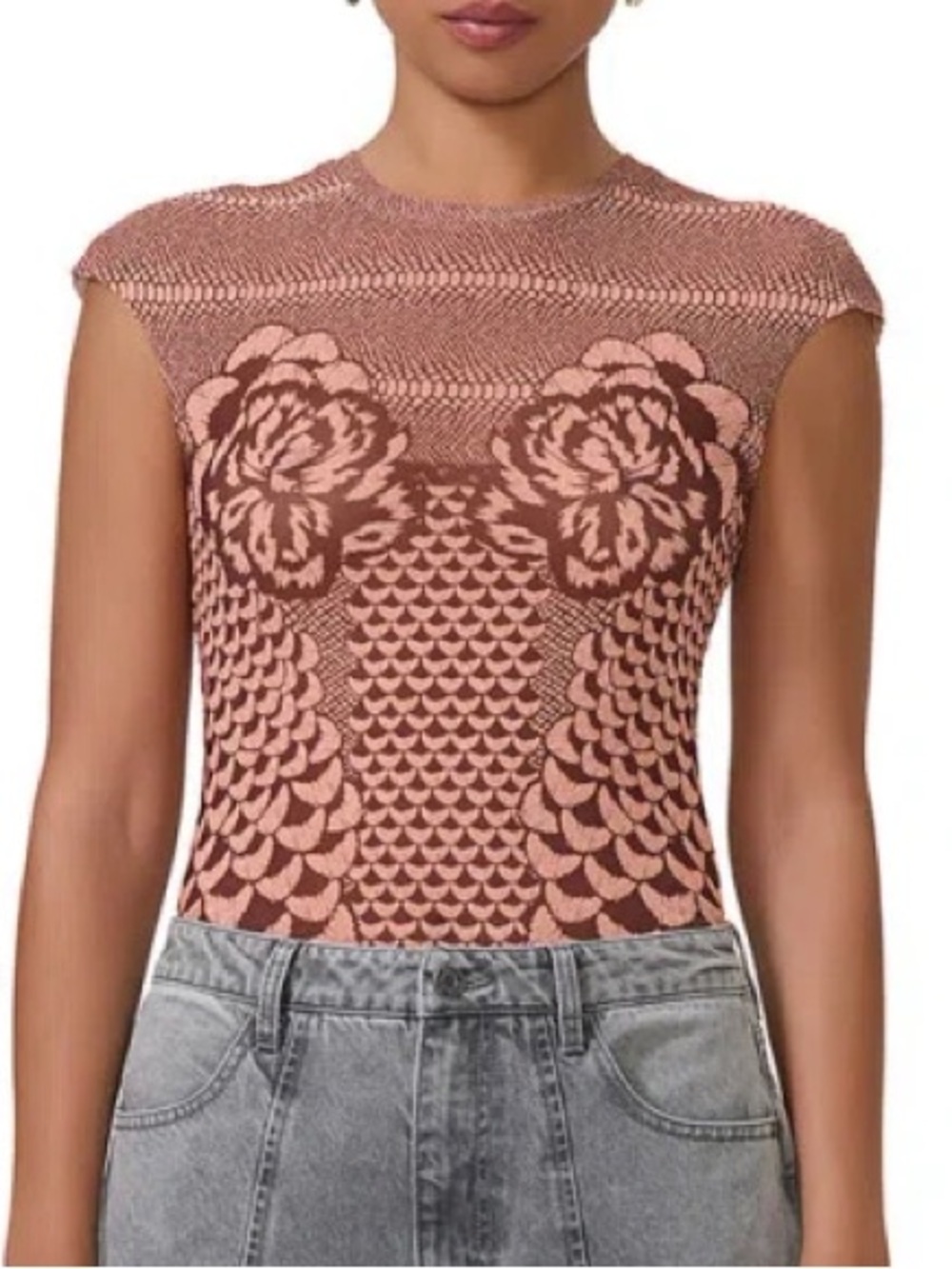 AFRM Nina Print Cap Sleeve Mesh Top In Peach Petal